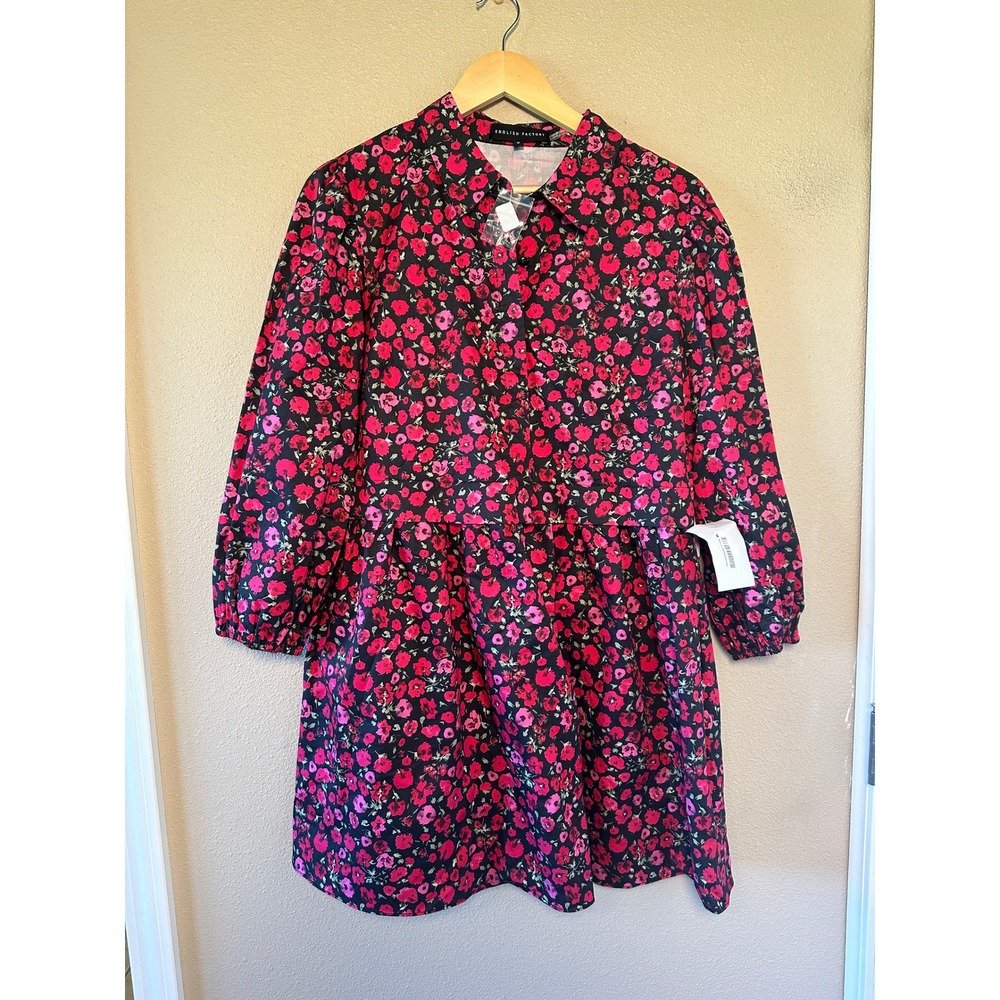 English Factory Floral Print Mini Dress Long Sleeve Collared Casual Women's